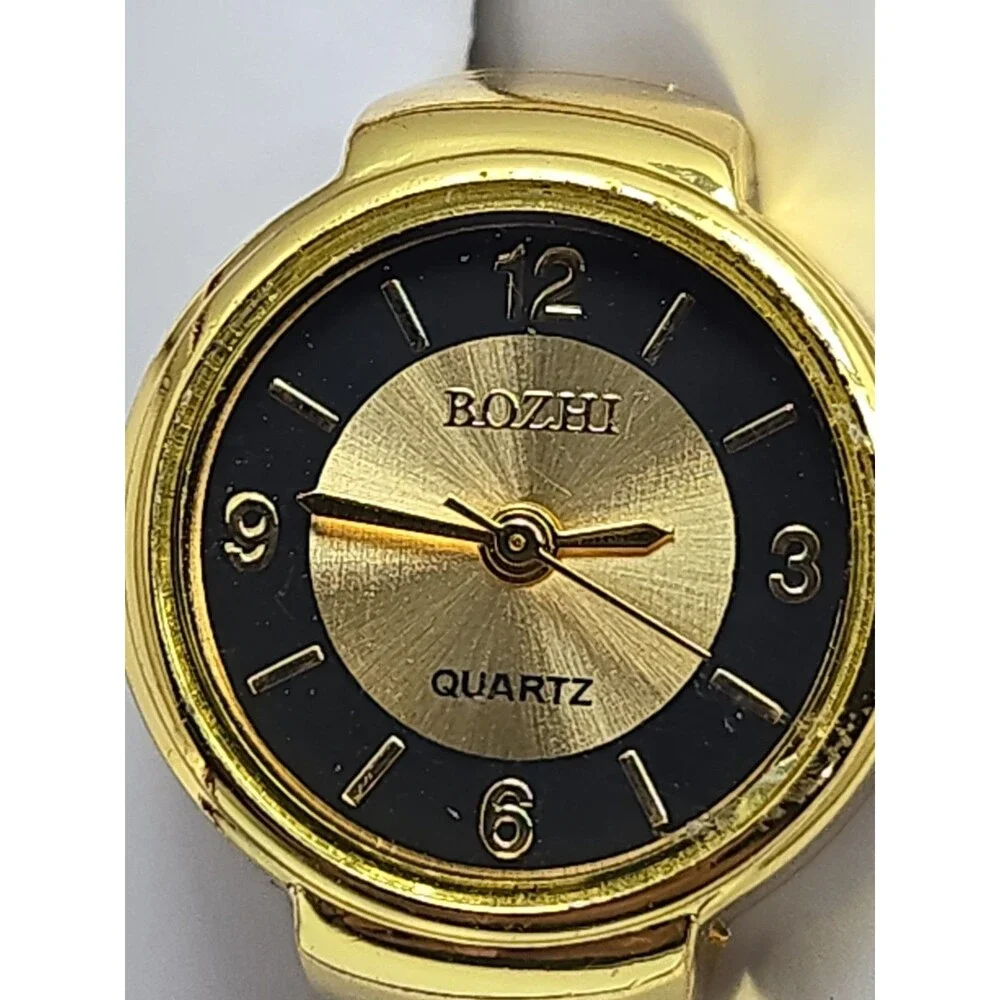 Bozhi Gold Tone Quartz Ring Watch Black Dial Adjustable Finger Retro New Battery